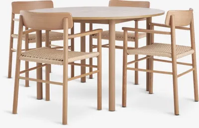 ALSTED Ø120 nat. hrast + 4 ISLEV s nasl. za ruke nat. hrast