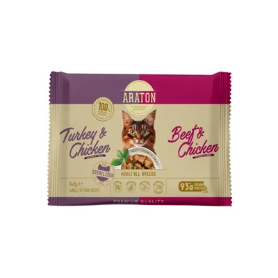 Araton Sterilised Cat Ćuretina i Piletina hrana za sterilisane mačke u umaku pakovanje 4×85 gr