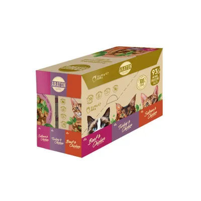 Araton Cats Set Govedina, Piletina, Ćuretina i Losos kombinacija hrane za mačke u umaku pak 12×85 gr