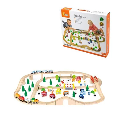 Viga Toys Drveni vlak set 50998, 90 komada