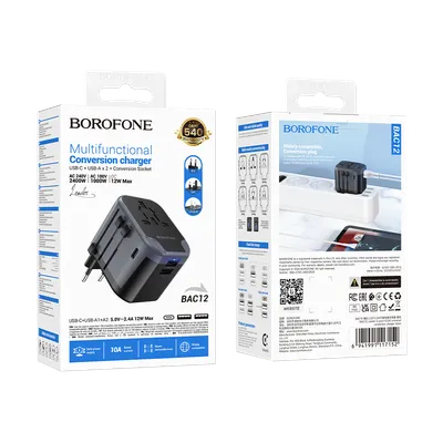 Borofone Univerzalni strujni adapter i USB punjač BAC12 Leader 3-port 1C2A, Evropski EU/Britanski UK/US US/Australijski AUS