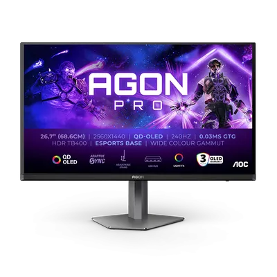 AOC Monitor AG276QZD2 AGON PRO ,26.7," QD-OLED, 2560×1440, 240Hz, 0.03ms, 250 cd/m², 3-sided frameless, Full Ergo, 2×HDMI, 2×DP, USB Hub, Sivi