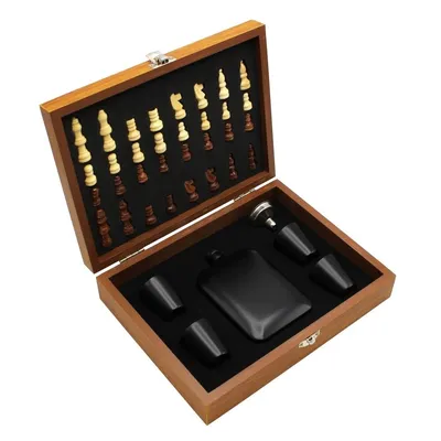 Poklon set pljoska sa šahom u drvenoj kutiji, 180 ml (4 čašice, crni)