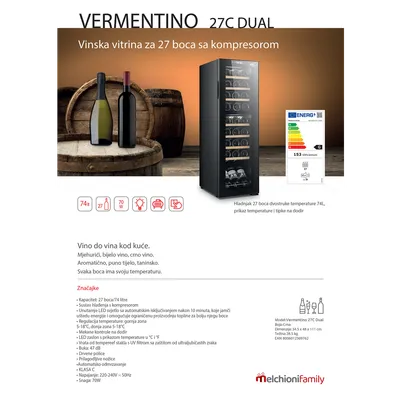 MELCHIONI family VERMENTINO 27 C DUAL Rashladna vinska vitrina, zapremina 74 litara, Crna