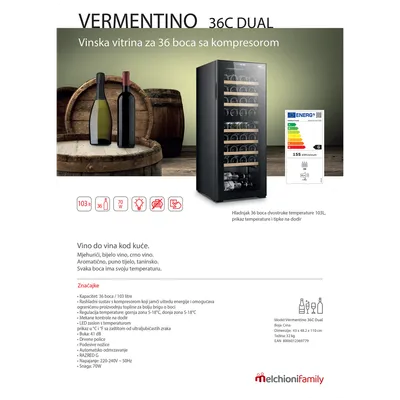 MELCHIONI family VERMENTINO 36 C DUAL Rashladna vinska vitrina, zapremina 103 litara, Crna