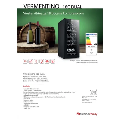MELCHIONI family VERMENTINO 18 C DUAL Rashladna vinska vitrina, zapremina 50 litara, Crna