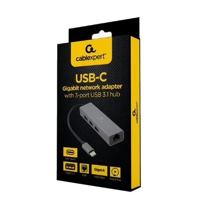 Gembird Docking station USB Type-C, Gigabit ethernet + USB hub 3.1