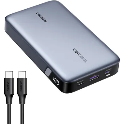 UGreen Prijenosna baterija za laptop sa tri priključka, 100W, 20000mAh, Tamnosiva