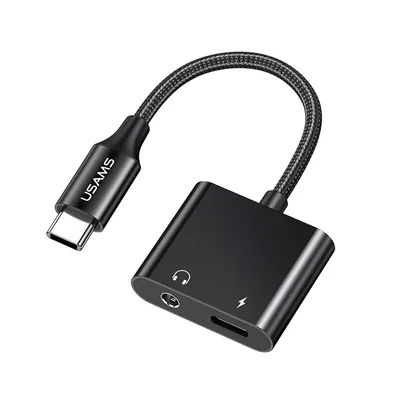 Usams Audio adapter US-SJ598, AU15, Tip-C na 3.5mm i Lightning, 60W, Crni