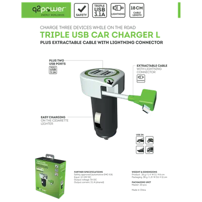 Q2Power, Auto punjač, Dual USB, 3.1A, lightning konektor, Triple USB Car Charger L
