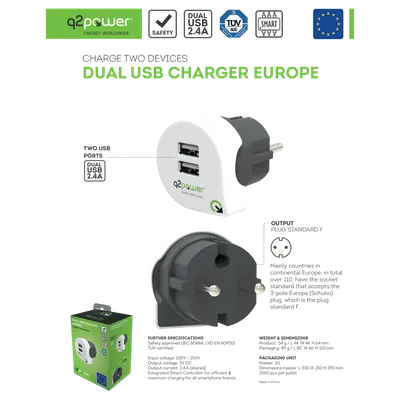 Q2Power, Punjač kućni za smartphone, tablete, 2 x USB, 2.4A, Dual USB Charger Europe