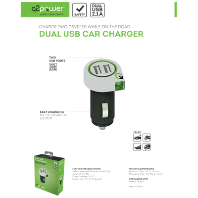Q2Power, Auto punjač, Dual USB, 2.1A, Dual USB Car Charger