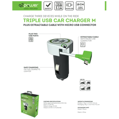 Q2Power, Auto punjač, Dual USB, 3.1A, microUSB, Triple USB Car Charger M