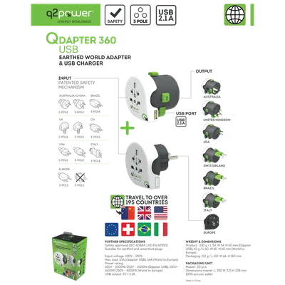 Q2Power, Adapter, strujni, set, univerzalni + EU, USB, QDapter 360 USB