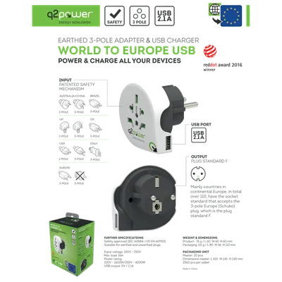 q2power, Adapter, Putni, Univerzalni Sa USB-om, WORLD TO EUROPE USB