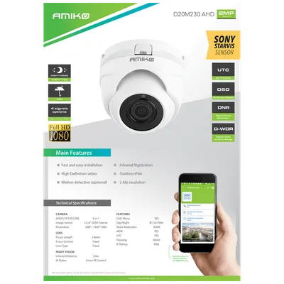 Amiko Home, Kamera 2 MP, 1/2.8" SONY Starvis CMOS, HD Lens 2,8 mm, D20M230 AHD