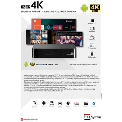 TELE System, Prijemnik combo, Android, DVB-S2/T2, 4K, HEVC/10 bit, TS UP4K