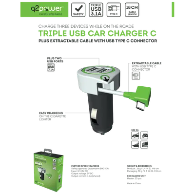 Q2Power, Auto punjač, Dual USB, 3.1A, type C konektor, Triple USB Car Charger C