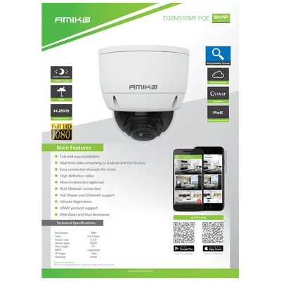 Amiko Home, Kamera IP, 5 MP 1/2.8" SONY Starvis, PoE, H.265, D30M510B MF PoE