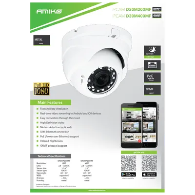 Amiko Home, Kamera IP 4 MP, PoE, 1/3", HD Lens Motorized 2.8 - 12mm, D30M400MF ZOOM POE