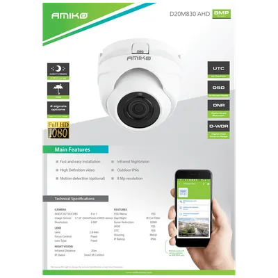 Amiko Home, Kamera analogna, 4in1, 8 MPixel, 1/1.8" CMOS, HD Lens 2,8mm, D20M830-AHD