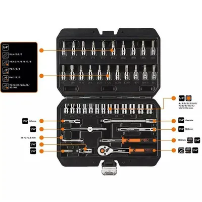 Neo Set nasadnih ključeva 10-004, 46 kom, s račnom 1/4"