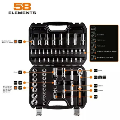 Neo Set nasadnih ključeva 10-042, 1/2", 58 kom