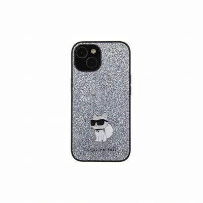 Karl Lagerfeld Maska sa fiksiranim šljokicama Choupette metal za iPhone 14, Srebrna