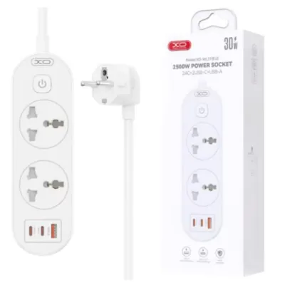 XO WL31 Produžni kabl sa zaštitom 3 Utičnica, 2xType-C , 1xUSB, 30W, 1.5m, Bijele