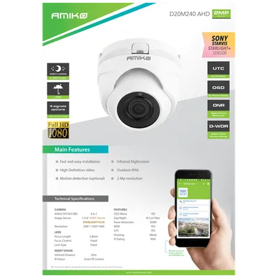 AMIKO HOME Sigurnosna Kamera D20M240 AHD, 2 MP, 1/2.8" SONY Starvis CMOS, Bijela