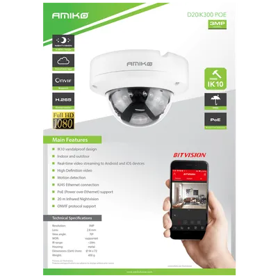AMIKO HOME IP Sigurnosna kamera D20IK300, 3 MP, PoE, 1/2.8" CMOS, IK10, Bijela