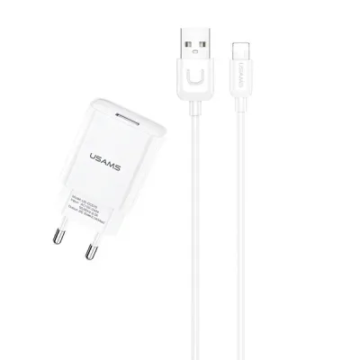 Usams Punjač za mobilni telefon T21, T18 Single USB EU punjač, Uturn Lightning kabl, Bijeli