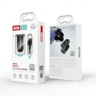 XO Auto punjač TZ12, QC3.0, 18W, Crni + Lightning kabl, 1m, Crni