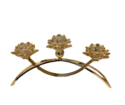 Milleryt Svijećnjak od 3 staklena cvijeta, Metalno postolje zlatne boje, 40 cm