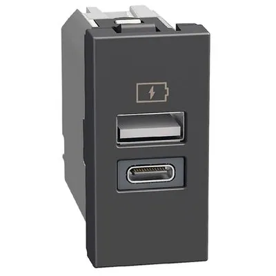 Bticino USB Utičnica Light Now YD4191AC TIP A-C, 1M, 15W, Crna