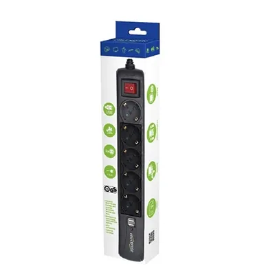 Gembird Razvodnik nap. SPG5-U2-5, Prekidač, 5 uticnica 1,5 M, prenaponska zaštita 2x USB port, Crni