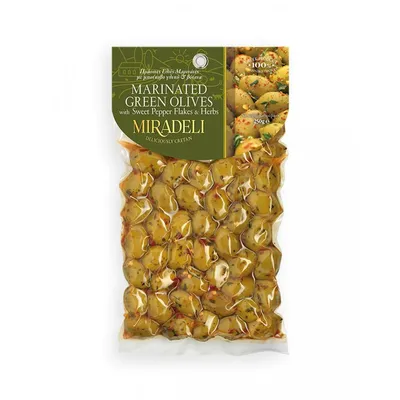 Miradeli Marinirane zelene masline sa slatkim čilijem i začinskim biljem, 250g