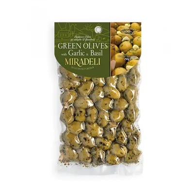 Miradeli Zelene masline s bosiljkom i bijelim lukom, 250g