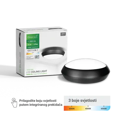 Gama Led Plafonjera Green Tech, 15 W, 3000 K - 4000 K - 6000 K, 30 cm, Ip66, Crna