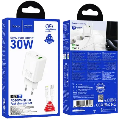 Hoco. Kućni punjač sa Type-C Lightning kablom N63 Gentle, PD30W, QC3.0, Bijeli