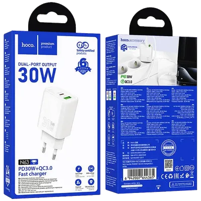 Hoco. Brzi kućni punjač N63 Gentle, PD30W + QC3.0, Bijeli