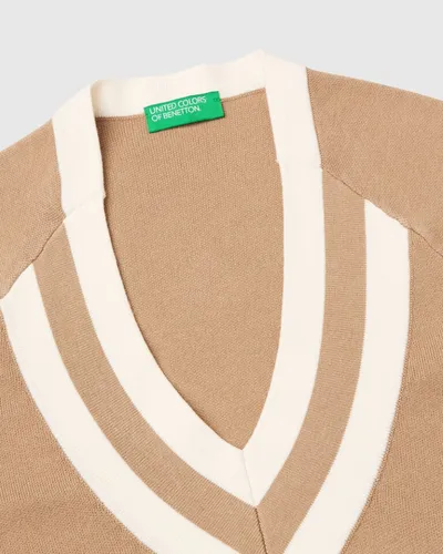 Benetton Ženski džemper s V-izrezom 1Z8CE403Q-21R-S, Krem