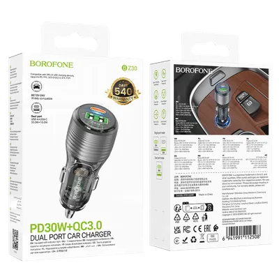 Borofone Auto Punjač Sa Kablom 1m, Type-C Na Type-C, Absolute PD30W+QC3.0, Crna