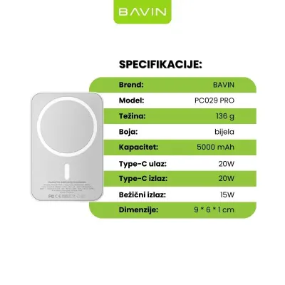 Bavin MagSafe powerbank PC029 Pro 15W 5000mAh, Bijeli