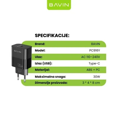 Bavin Kućni punjač PD 30W Cool and Safe Type-C PC916Y