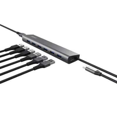 Trust USB Hub Halyx, 7 Portova, USB 3.2, Tamnosivi