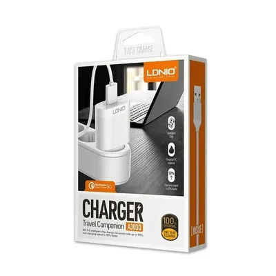 Ldnio Kućni punjač A303Q, 3.0A, 18W, USB-A, Bijeli + USB na microUSB kabl, Bijeli