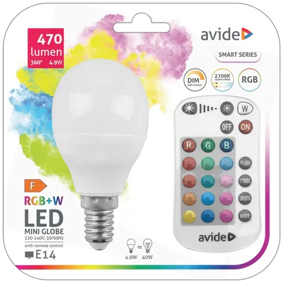 Avide Pametna sijalica, Led 4.9 w, E14, RGB+W, 2700 k, daljinski, Smart Led Mini Globe 4.9 w