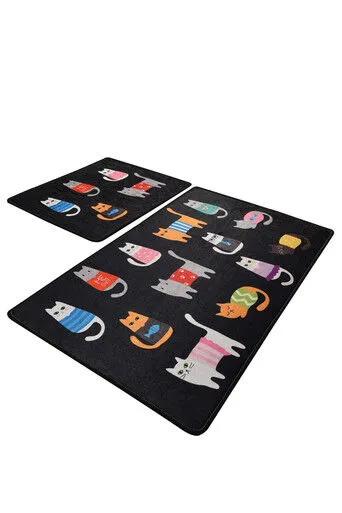 L'essential Maison Set otirača za kupatilo, Mačke, 2 komada, Crni