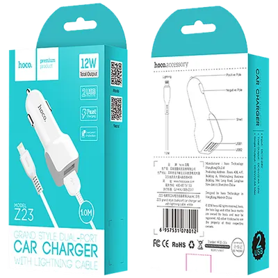 Hoco Auto punjač sa Lightning kabelom, 2 x USB, 5 V/2.4 A - Z23 Grand Style set, Lightning, Bijeli